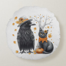 Almofada Redonda Krähe und Katze Herbst Thanksgiving Crow