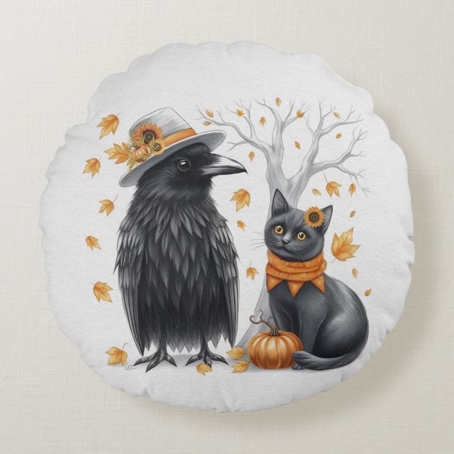 Almofada Redonda Krähe und Katze Herbst Thanksgiving Crow  (Frente)