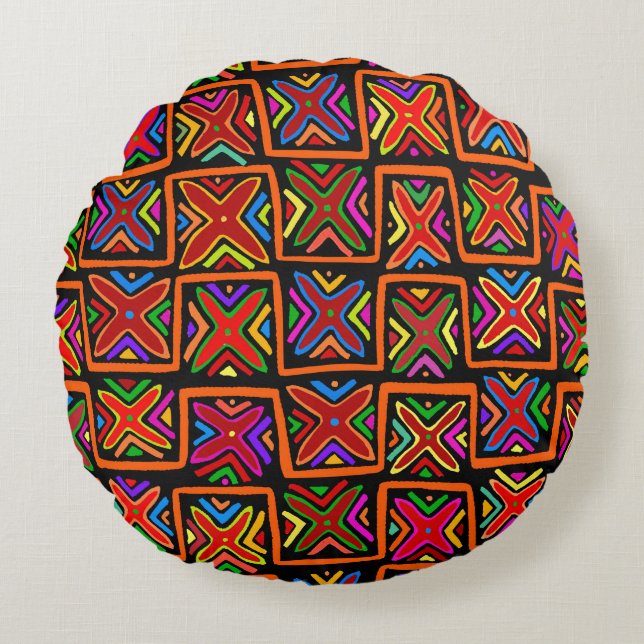 Almofada Redonda Kuna Indian Mola Verificação Tribal - Vermelho (Frente)
