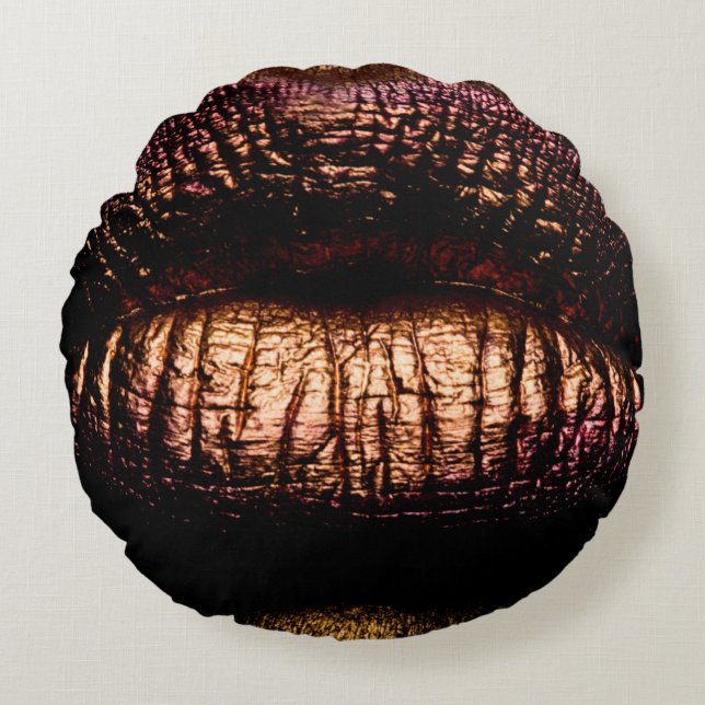 Almofada Redonda lábios de ouro fechados. Dourado lábio metálico. B (Frente)