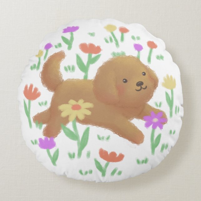 Almofada Redonda Labradoodle com Ilustração de Flores (Frente)