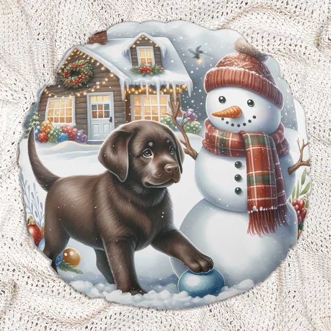Almofada Redonda Labrador Retriever Christmas Snowman Puppy Dog (Criador carregado)