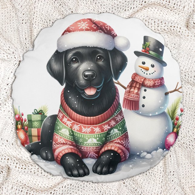 Almofada Redonda Labrador Retriever Dog Holiday Snowman Puppy (Criador carregado)