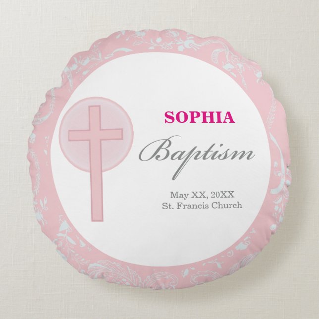 Almofada Redonda Lace Girl Baptism Rosa (Frente)