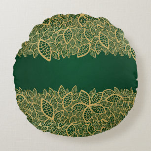 Almofada Redonda Laço dourado da folha no fundo verde