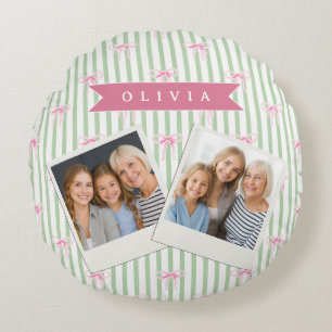 Almofada Redonda Laço Rosa Personalizado com Listra Verde Coquette