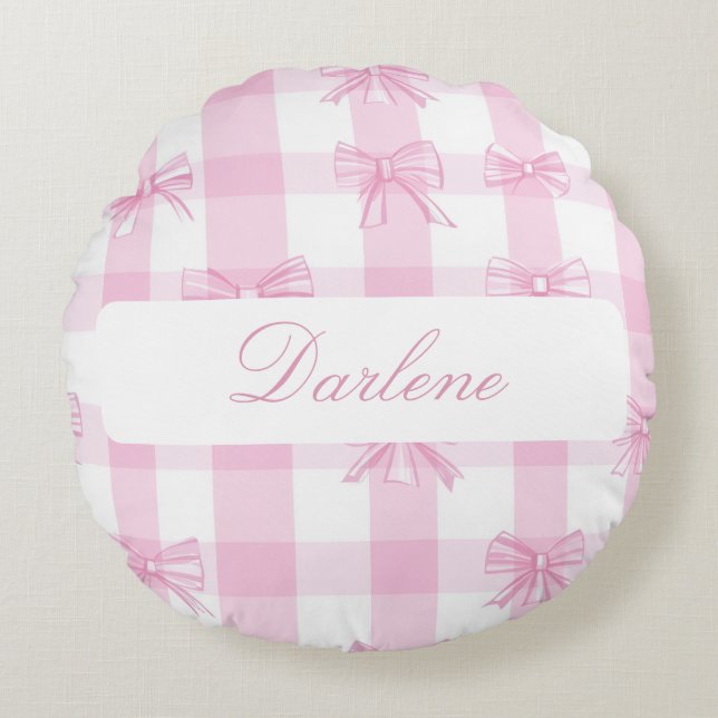 Almofada Redonda Laço Xadrez Rosa Personalizado (Frente)