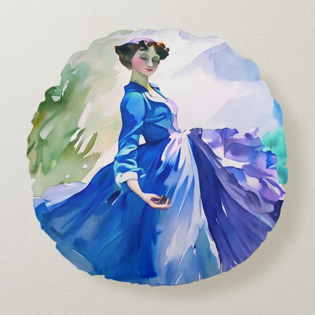 Almofada Redonda Lady in Blue Vress - Pintura por Aquarela (Frente)