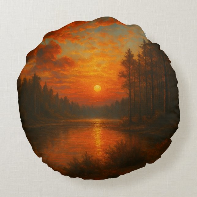 Almofada Redonda Lago Sunset - Ênfase Inspirada na Natureza (Verso)