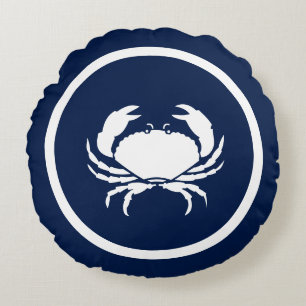 Almofada Redonda Lagosta quase Marinho azul e branca CRAB náutica