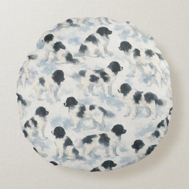 Almofada Redonda Landseer Newfoundland dog watercolor  (Frente)