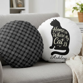 Almofada Redonda Lar é Onde Meu Gato Está Silhueta Preta