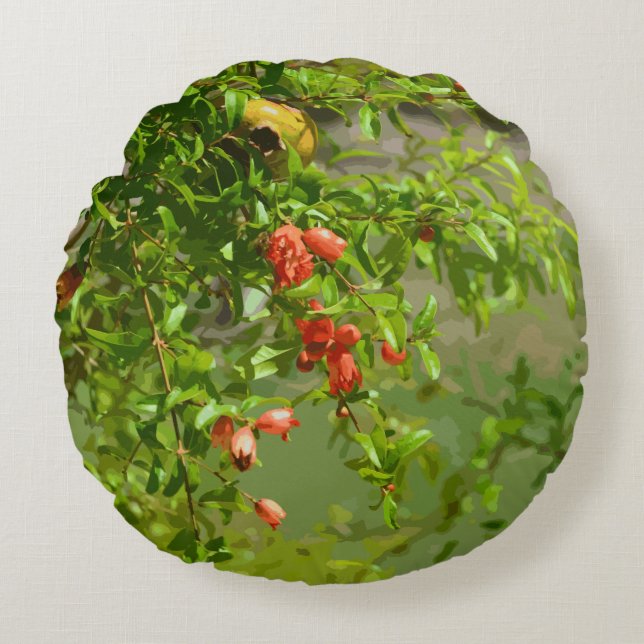 Almofada Redonda Laranja Verde Tropical Pomegranato Floral Design (Frente)