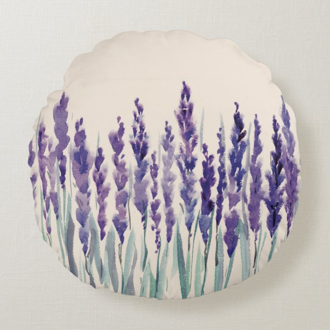 Almofada Redonda Lavanda francesa: Ilustração de Aquarela (Frente)