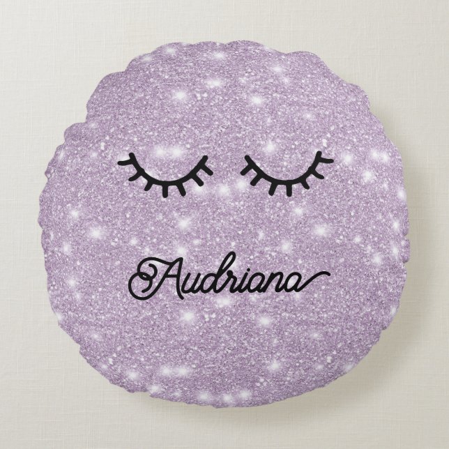 Almofada Redonda Lavender Faux Glitter Eyelashes Personalized Name (Frente)