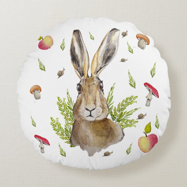 Almofada Redonda Lebre branca com fundo de maçãs e cogumelos (Frente)