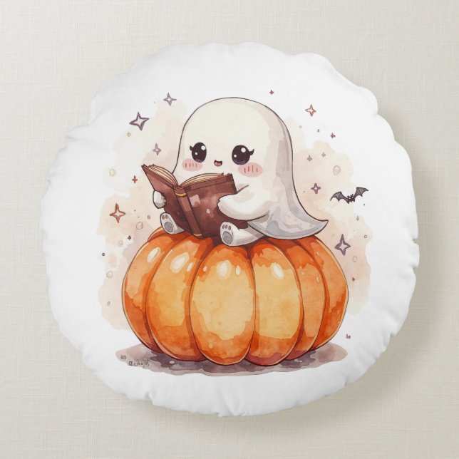 Almofada Redonda Leitura Fantasma Cute Spooky - Pumpkin Cozy Hallow (Frente)