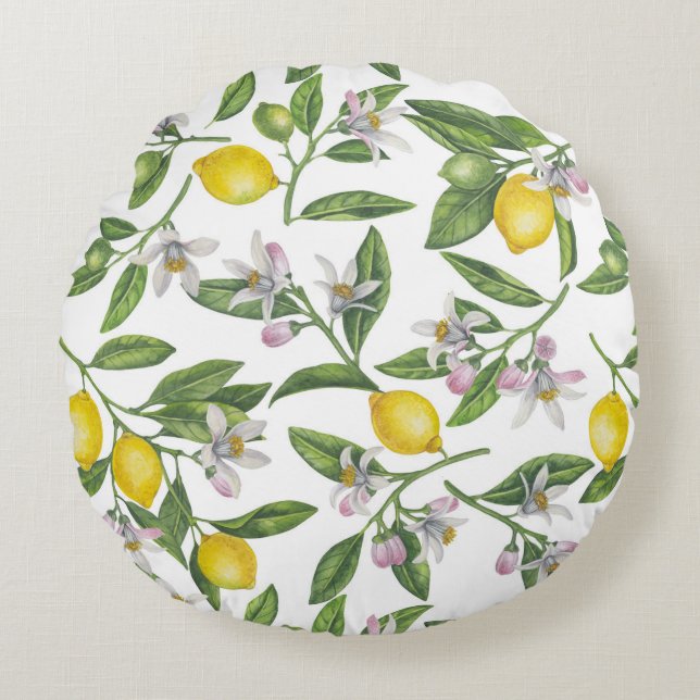 Almofada Redonda Lemon branches with blossoms and fruit on white (Frente)