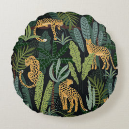 Almofada Redonda Leopard Jungle Forest Ilustration Art Sanguíneo