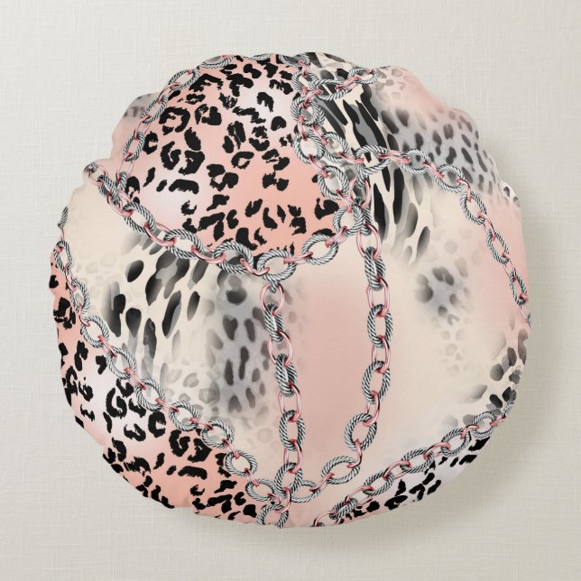 Almofada Redonda Leopard pattern, flowers, chain, roses (Frente)