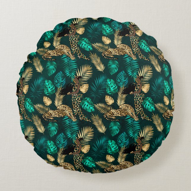 Almofada Redonda Leopardo Dourado e Teto Série Design 7 (Frente)
