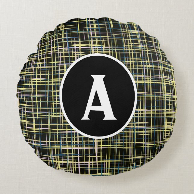 Almofada Redonda Letra Abstrato de Grade Amarela e Azul (Frente)
