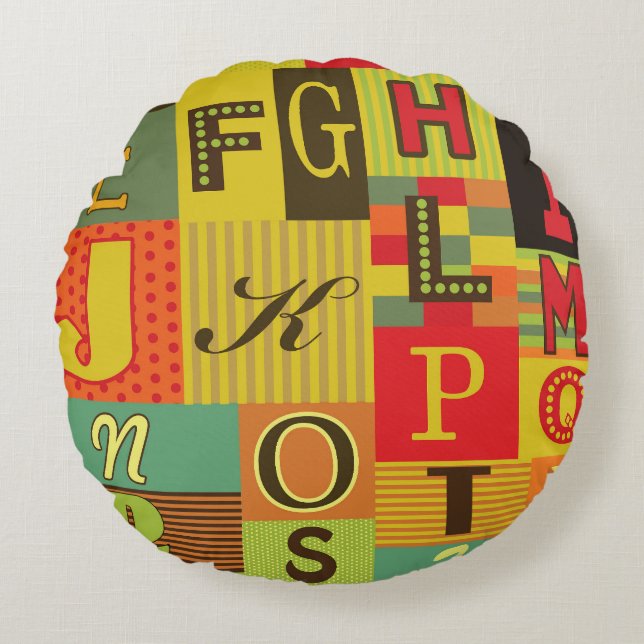 Almofada Redonda Letra-alfabética, caracter vintage (Frente)