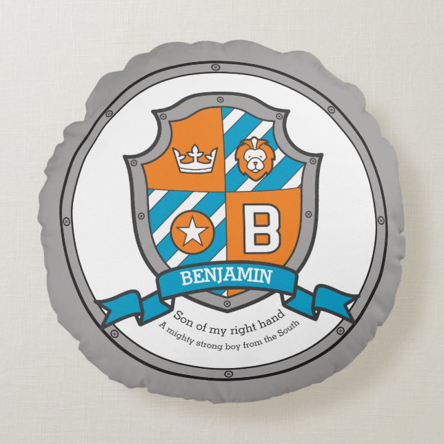 Almofada Redonda Letra Benjamin B nome que significa escudo heráldi (Frente)