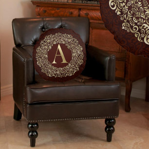Almofada Redonda Letra Monograma A Luxo Dourado damasco Burgundy