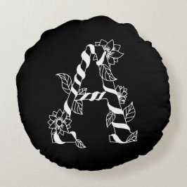 Almofada Redonda Letra negra e branca "A" com flores geminadas