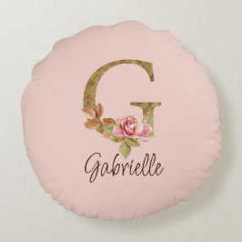 Almofada Redonda Letra Personalizada G Dourado Folha Rosa Bege Rosa