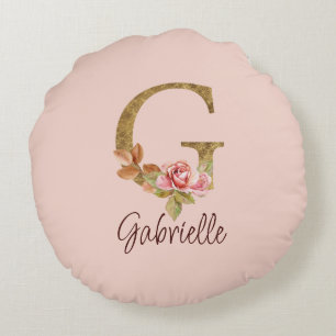Almofada Redonda Letra Personalizada G Folha Dourada Rosas Rosa Pál