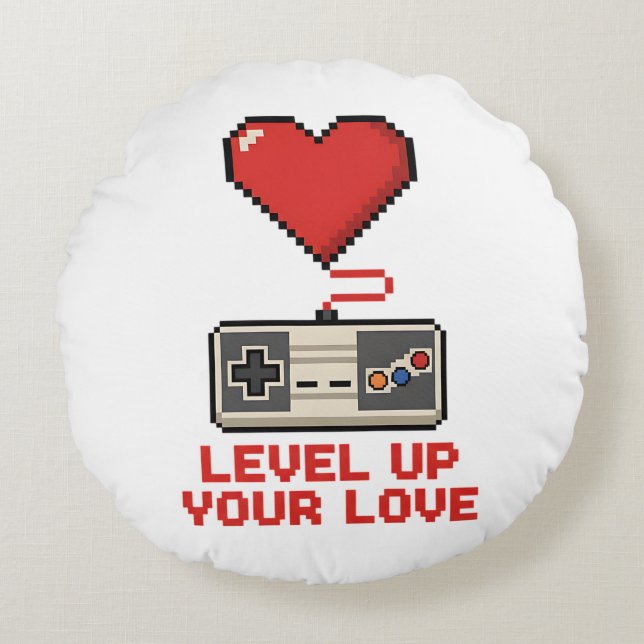 Almofada Redonda Level Up Your Love, Retro Pixel Gaming Design (Frente)