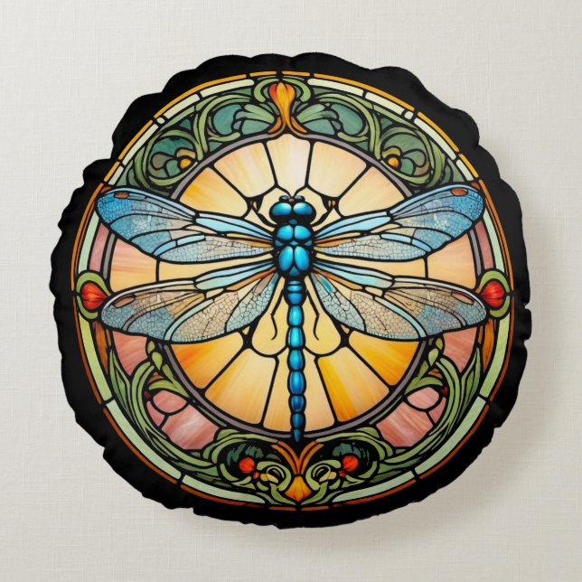 Almofada Redonda Libélula de Vidro Art Nouveau (Frente)