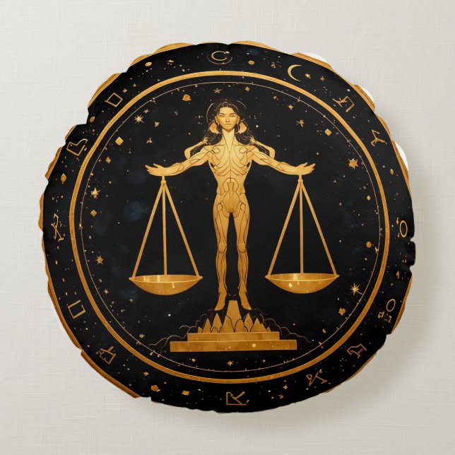 Almofada Redonda Libra Zodíaco Balança de Ouro (Frente)