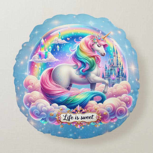 Almofada Redonda Life Is Sweet Unicorn Rainbow Castle Pillow Gift (Frente)