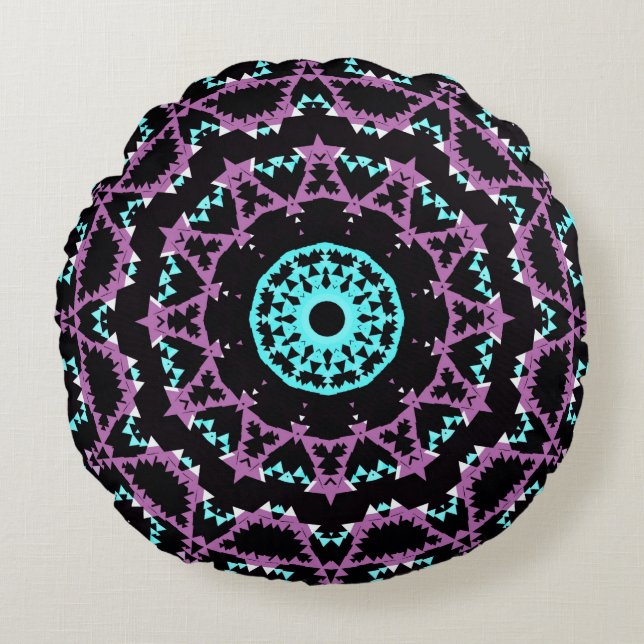 Almofada Redonda Lilac, Black e Turquoise Mandala. (Frente)