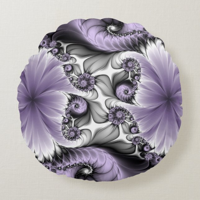 Almofada Redonda Lilac Illusion Abstrato Floral Fractal Art Fantasy (Frente)