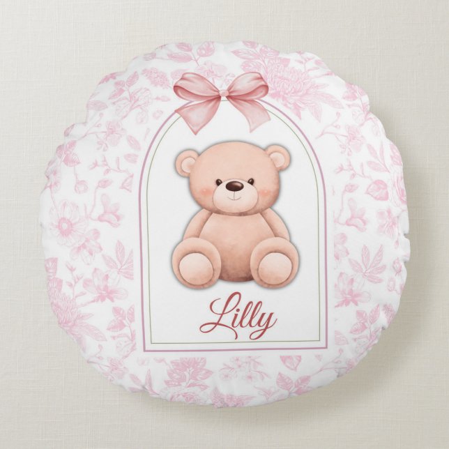 Almofada Redonda Lilly | Design de Enfermeiro de Urso Rosa Personal (Frente)