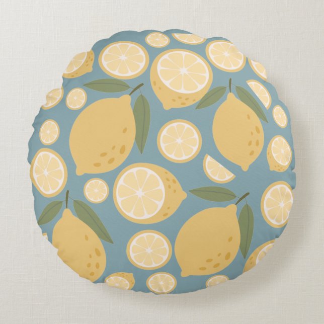 Almofada Redonda Limão Amarelo Padrão Sem Costura (Frente)
