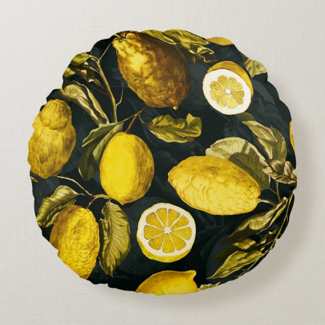 Almofada Redonda Limão e Folha Padrão V (Frente)