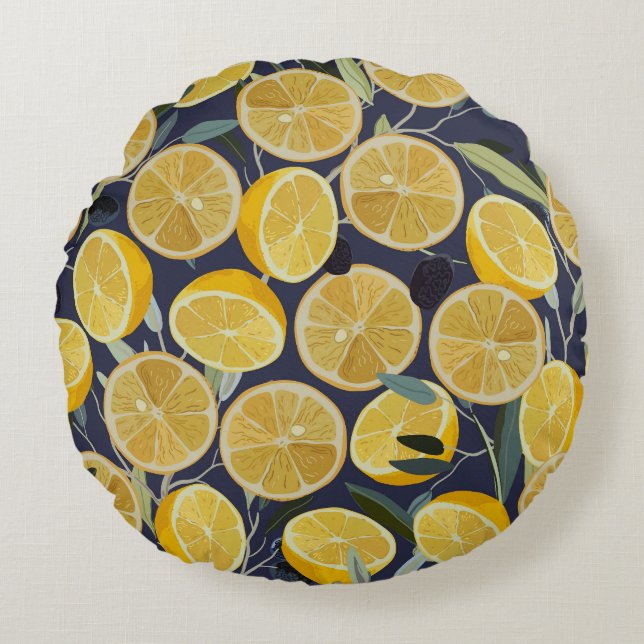 Almofada Redonda Limão, ramo de oliveira, safra. (Frente)