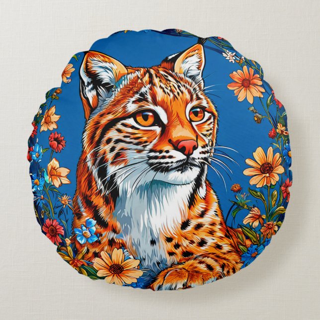 Almofada Redonda Lince com pelo laranja vibrante (Frente)