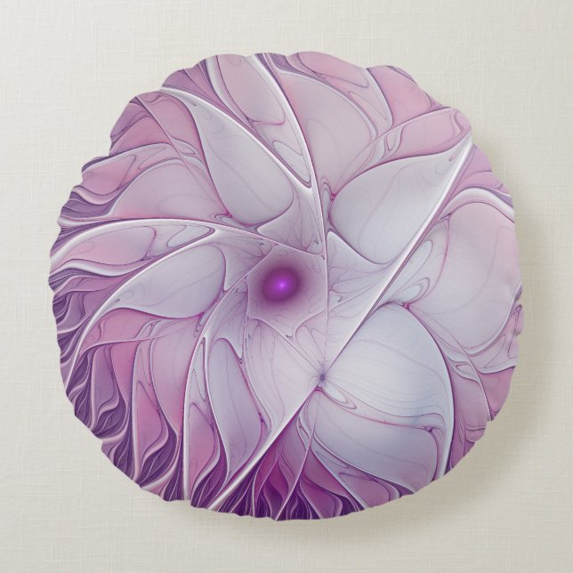 Almofada Redonda Linda Flor Rosa Moderna Abstrato, Arte Fractal (Frente)