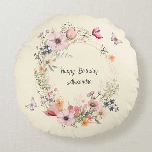 Almofada Redonda Linda terra e borboletas Aniversário (Frente)