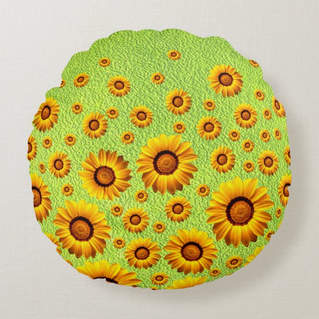 Almofada Redonda Lindas flores amarelas em verde-abstrato (Frente)