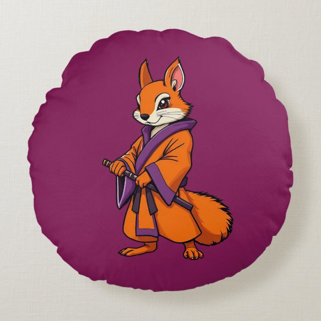 Almofada Redonda Lindo Esquilo Samurai Japonês (Frente)