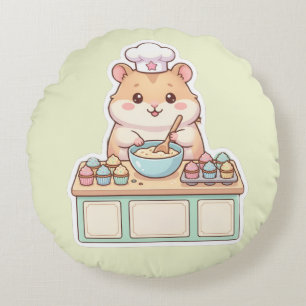 Almofada Redonda Lindo Hamster Kawaii Chef Assando Cupcakes Redondo