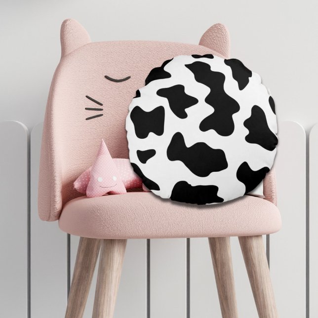 Almofada Redonda lindo impressão de vaca leiteira de fazenda preta  (cute black and white farm dairy cow print round pillow)