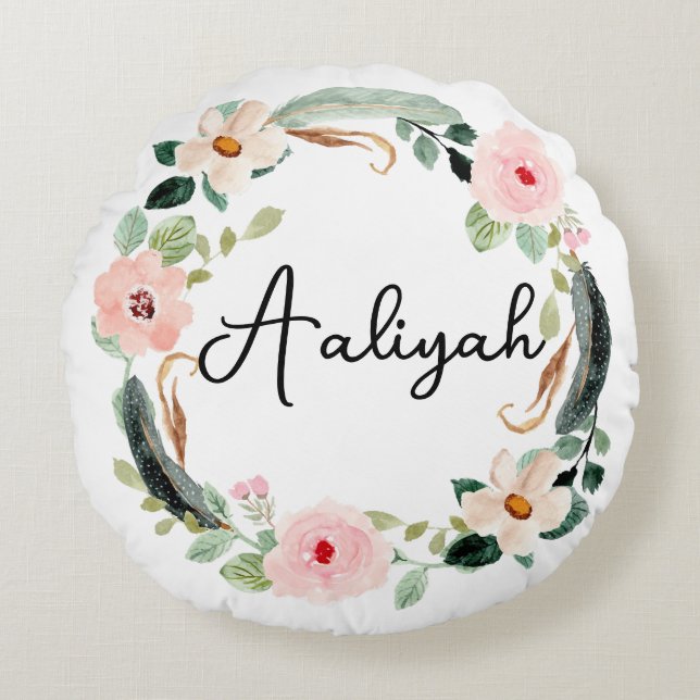 Almofada Redonda Lindo nome Floral Wreath Monograma (Frente)
